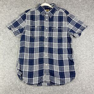 TreVero Shirt Mens Large Blue White Plaid Linen Short Sleeve Button Up Casual